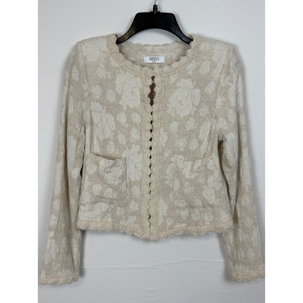 Avara Women Cotton Linen Jacket Small Cream Floral Crochet Lace Trim Cropped